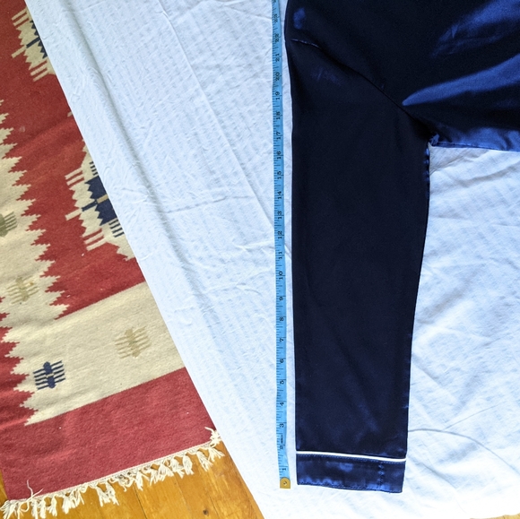 Vtg Navy Blue Satin PJ Set White Piping Pocket - Picture 7 of 10
